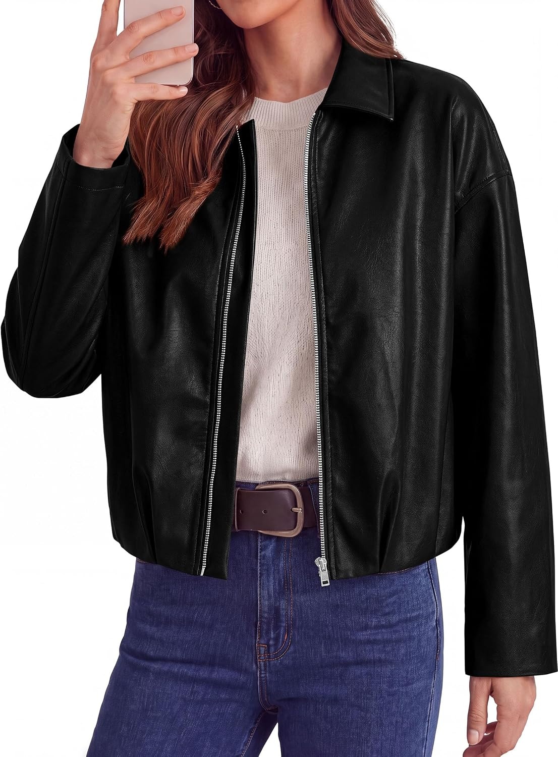 image:imagePRETTYGARDEN Faux Leather Motorcycle Jackets Womens Coat Cropped Zip Up Collared Trendy Fall Outerwear Gathered Hem Winter Layering Clothes Casual Going Out Date Night OutfitBlack