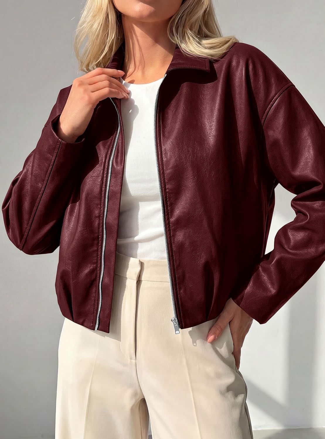 image:imagePRETTYGARDEN Faux Leather Motorcycle Jackets Womens Coat Cropped Zip Up Collared Trendy Fall Outerwear Gathered Hem Winter Layering Clothes Casual Going Out Date Night OutfitBurgundy