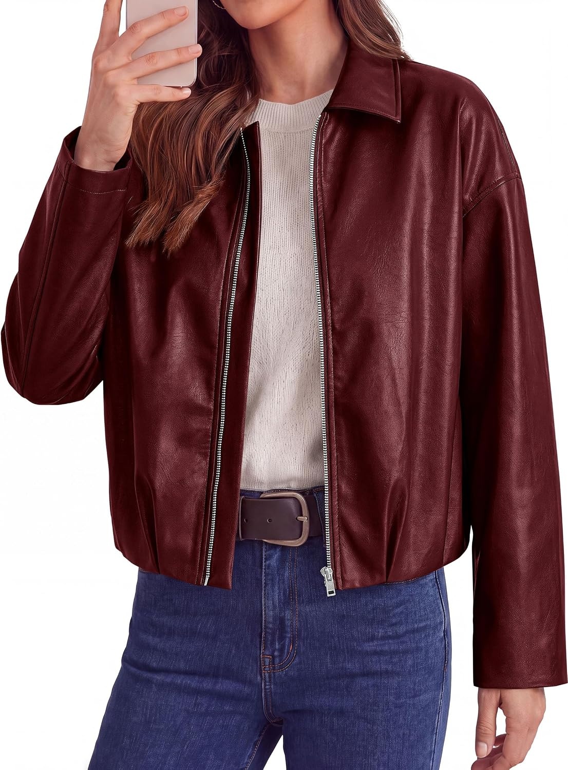 image:imagePRETTYGARDEN Faux Leather Motorcycle Jackets Womens Coat Cropped Zip Up Collared Trendy Fall Outerwear Gathered Hem Winter Layering Clothes Casual Going Out Date Night OutfitBurgundy