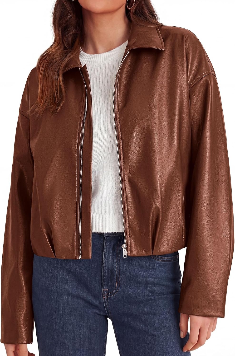 image:imagePRETTYGARDEN Faux Leather Motorcycle Jackets Womens Coat Cropped Zip Up Collared Trendy Fall Outerwear Gathered Hem Winter Layering Clothes Casual Going Out Date Night OutfitRed Brown