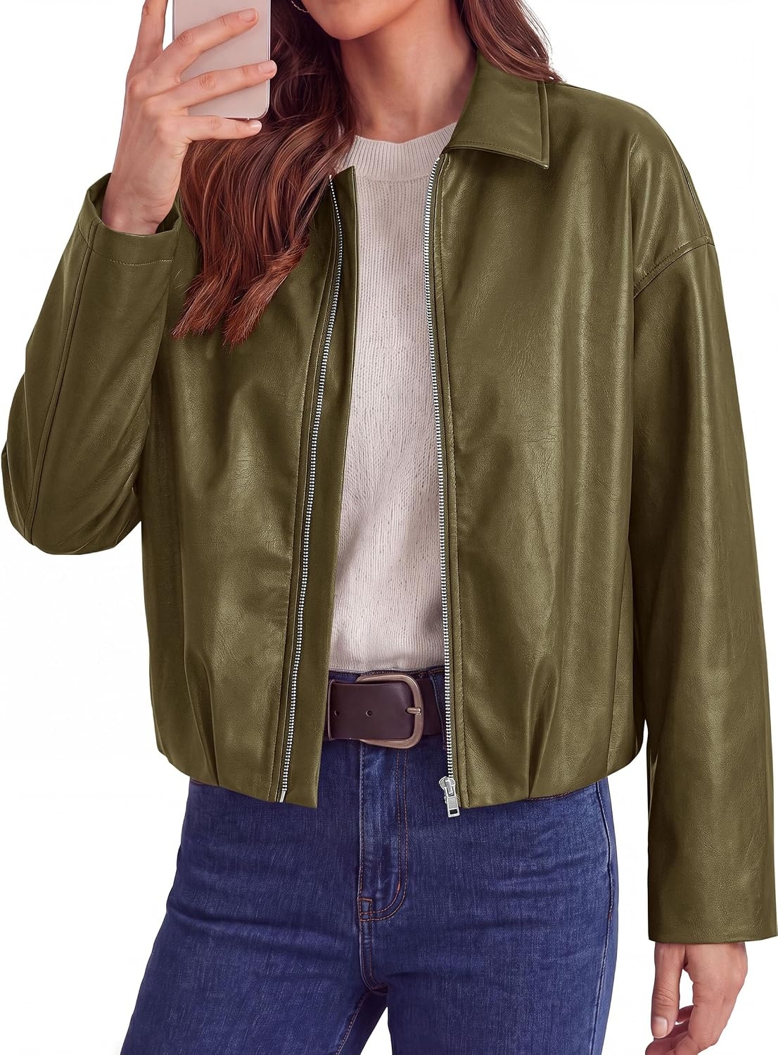 image:imagePRETTYGARDEN Faux Leather Motorcycle Jackets Womens Coat Cropped Zip Up Collared Trendy Fall Outerwear Gathered Hem Winter Layering Clothes Casual Going Out Date Night OutfitArmy Green