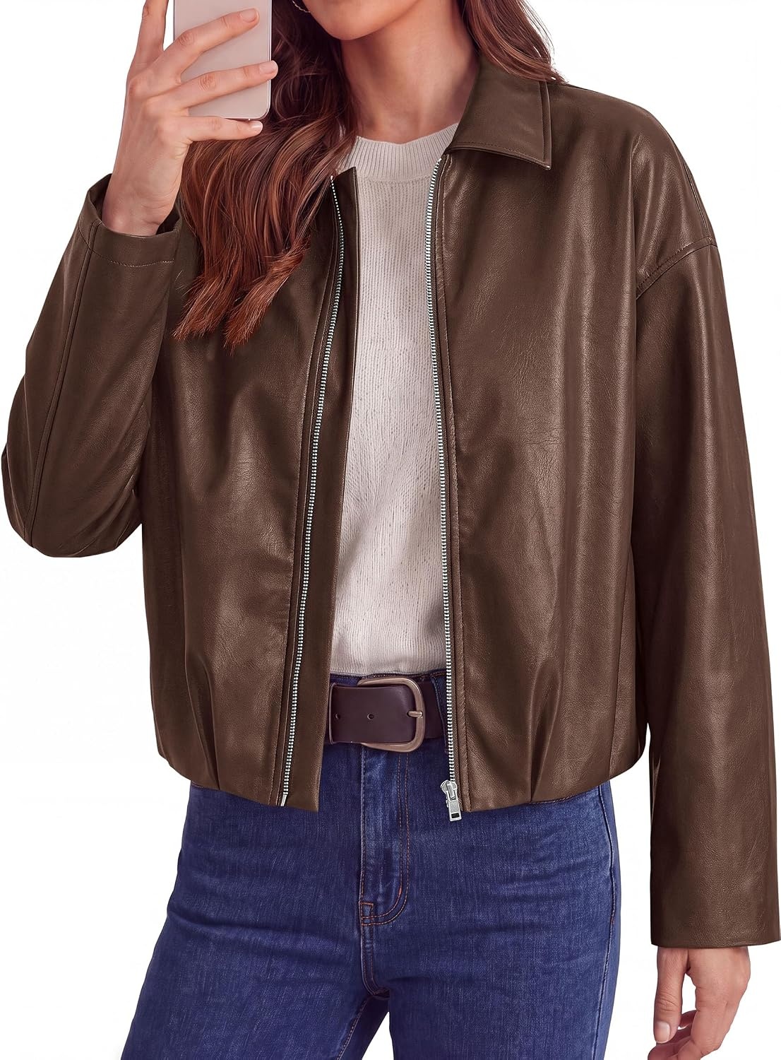 image:imagePRETTYGARDEN Faux Leather Motorcycle Jackets Womens Coat Cropped Zip Up Collared Trendy Fall Outerwear Gathered Hem Winter Layering Clothes Casual Going Out Date Night OutfitBrown