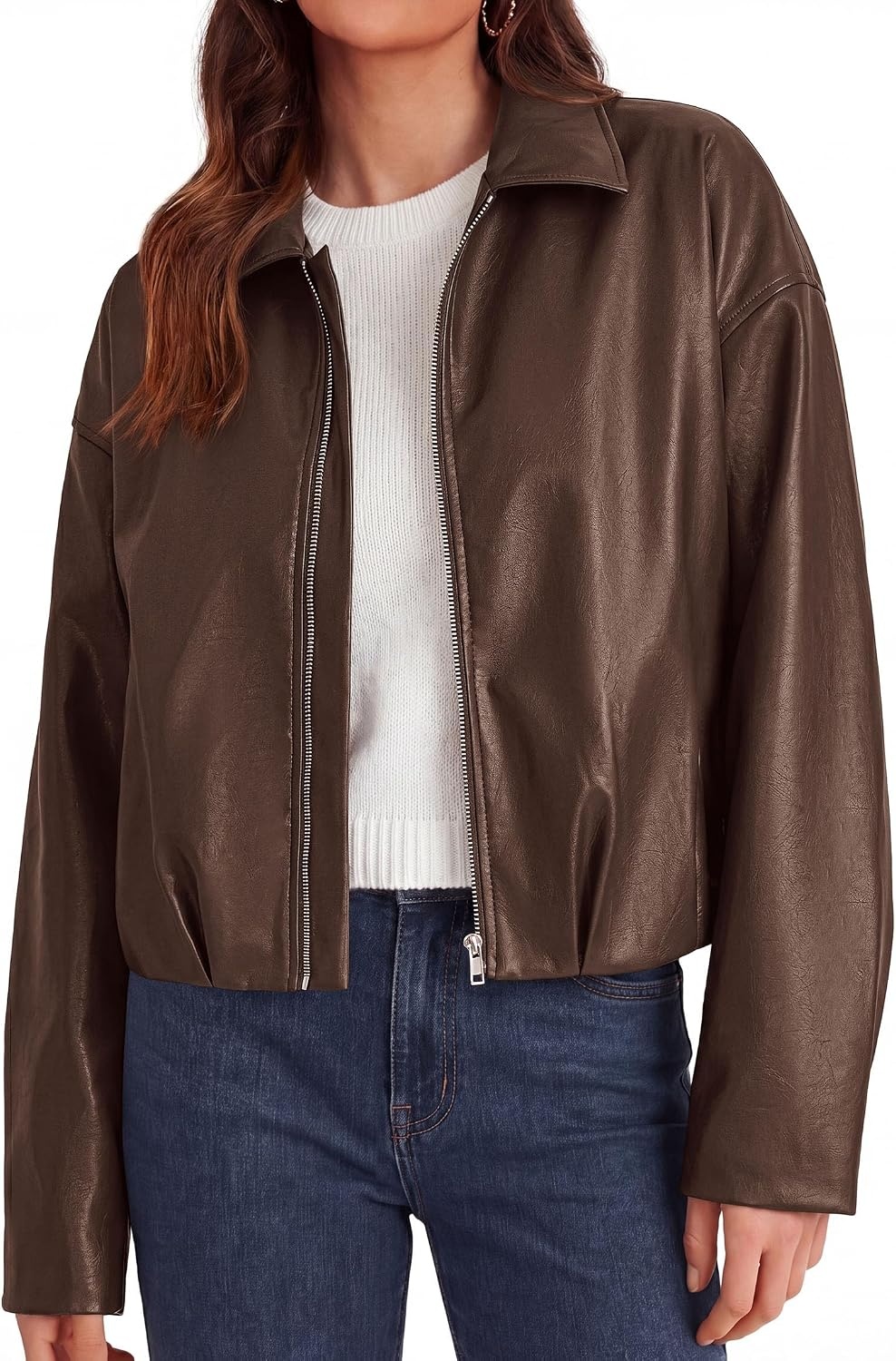 image:imagePRETTYGARDEN Faux Leather Motorcycle Jackets Womens Coat Cropped Zip Up Collared Trendy Fall Outerwear Gathered Hem Winter Layering Clothes Casual Going Out Date Night OutfitBrown