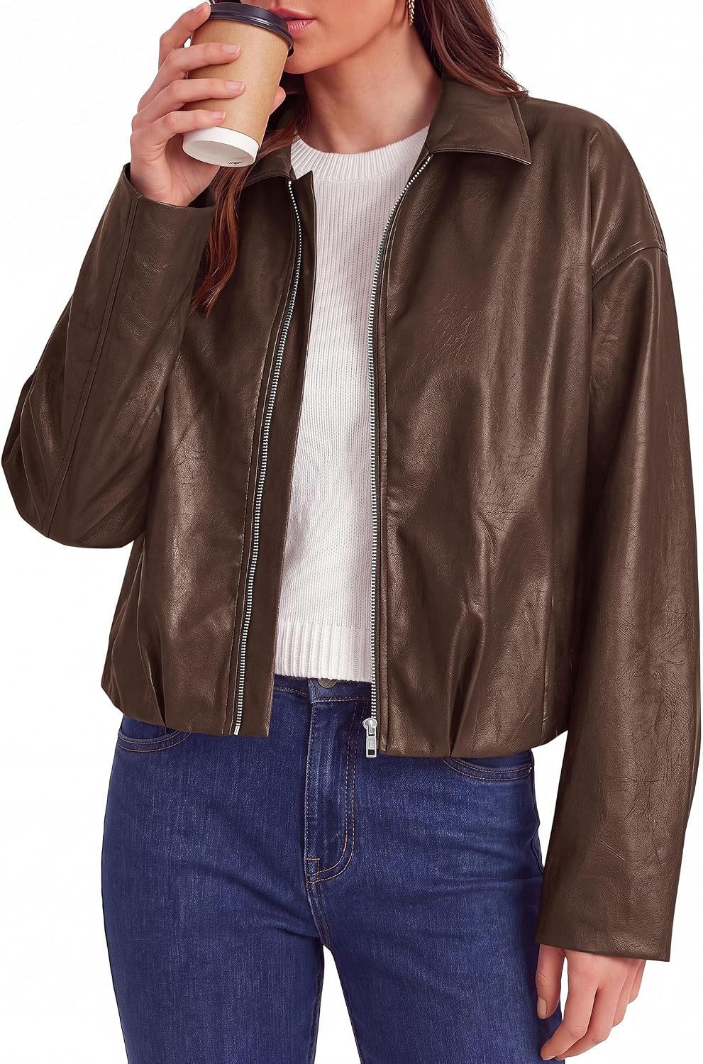 image:imagePRETTYGARDEN Faux Leather Motorcycle Jackets Womens Coat Cropped Zip Up Collared Trendy Fall Outerwear Gathered Hem Winter Layering Clothes Casual Going Out Date Night OutfitBrown