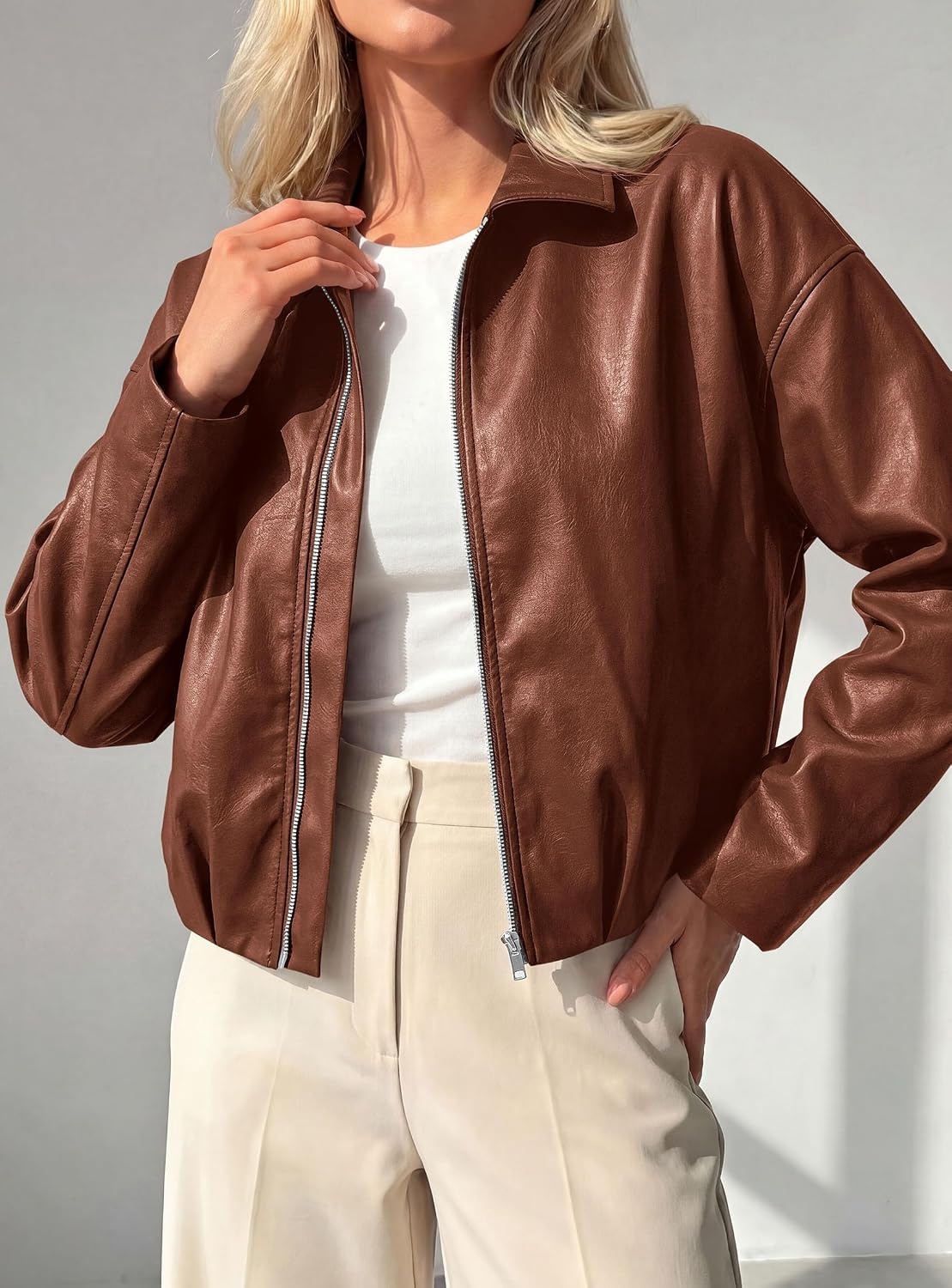 image:imagePRETTYGARDEN Faux Leather Motorcycle Jackets Womens Coat Cropped Zip Up Collared Trendy Fall Outerwear Gathered Hem Winter Layering Clothes Casual Going Out Date Night OutfitRed Brown