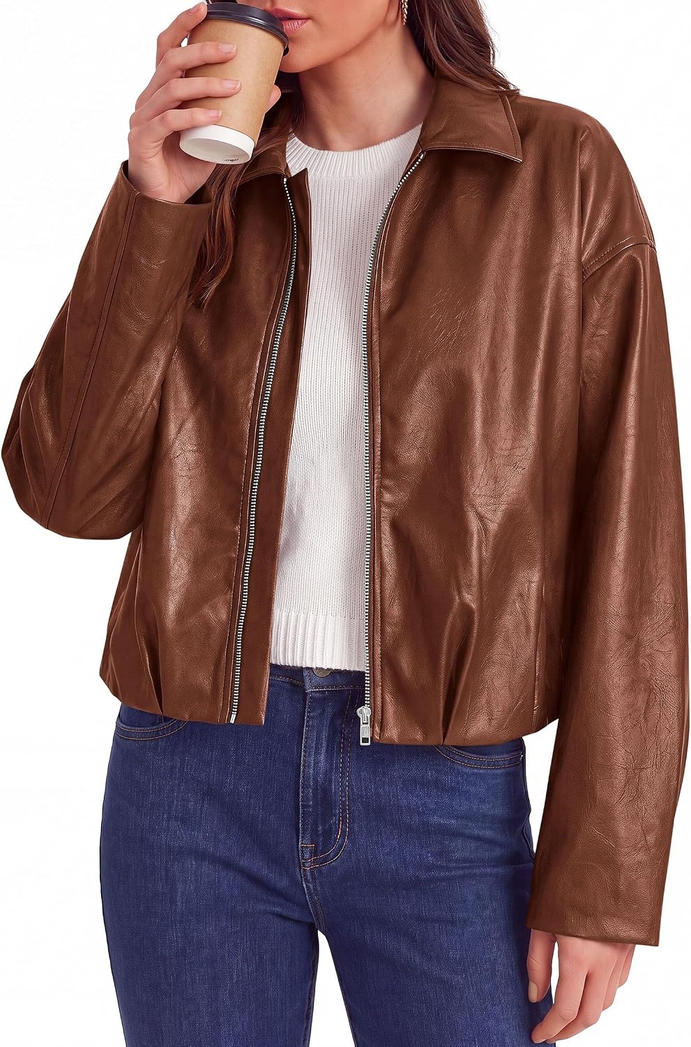 image:imagePRETTYGARDEN Faux Leather Motorcycle Jackets Womens Coat Cropped Zip Up Collared Trendy Fall Outerwear Gathered Hem Winter Layering Clothes Casual Going Out Date Night OutfitRed Brown
