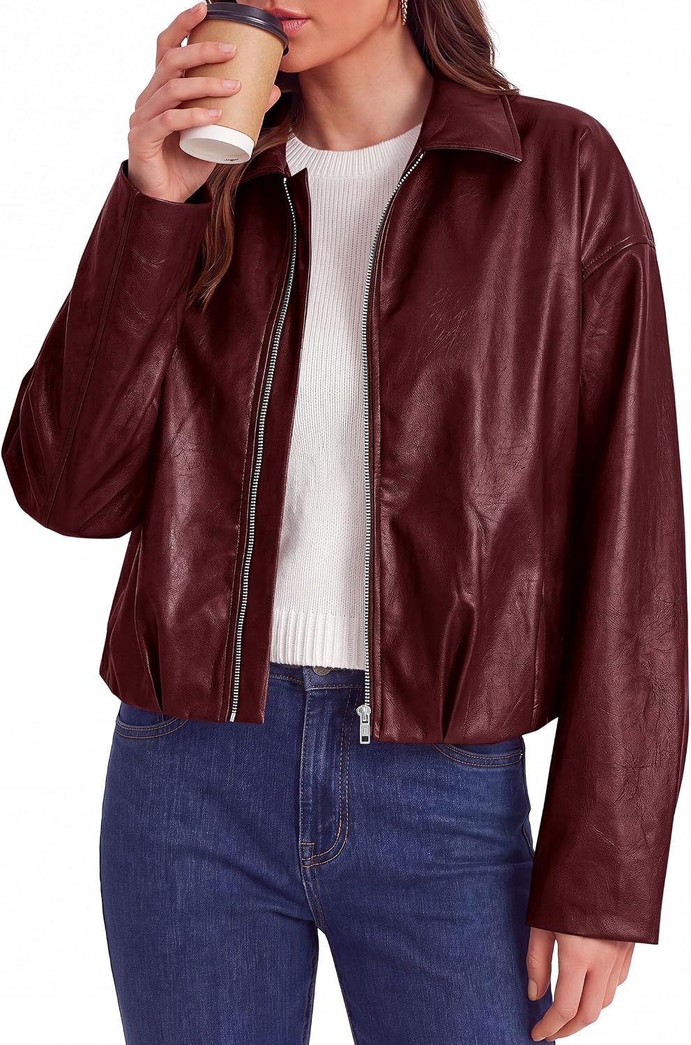 image:imagePRETTYGARDEN Faux Leather Motorcycle Jackets Womens Coat Cropped Zip Up Collared Trendy Fall Outerwear Gathered Hem Winter Layering Clothes Casual Going Out Date Night OutfitBurgundy