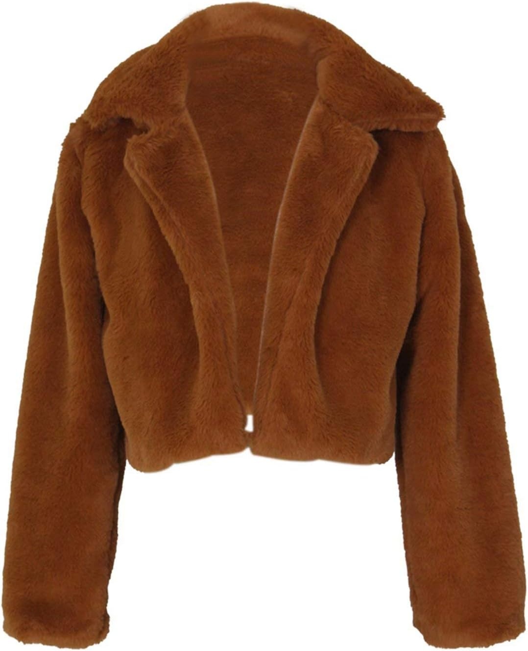 image:imageRAMOUG Women Faux Fur Jacket Crop Fuzzy Lapel Outerwear Coat Faux Fur CoatShort Fluffy OuterwearCrop Puffy JacketOpen FrontWarmSoft LiningSolidShaggy CardiganWinterPartyClubYellowishbrown