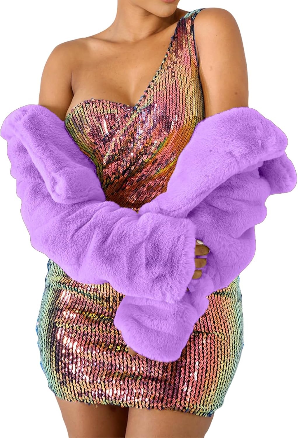 image:imageRAMOUG Women Faux Fur Jacket Crop Fuzzy Lapel Outerwear Coat Faux Fur CoatShort Fluffy OuterwearCrop Puffy JacketOpen FrontWarmSoft LiningSolidShaggy CardiganWinterPartyClubLight Purple