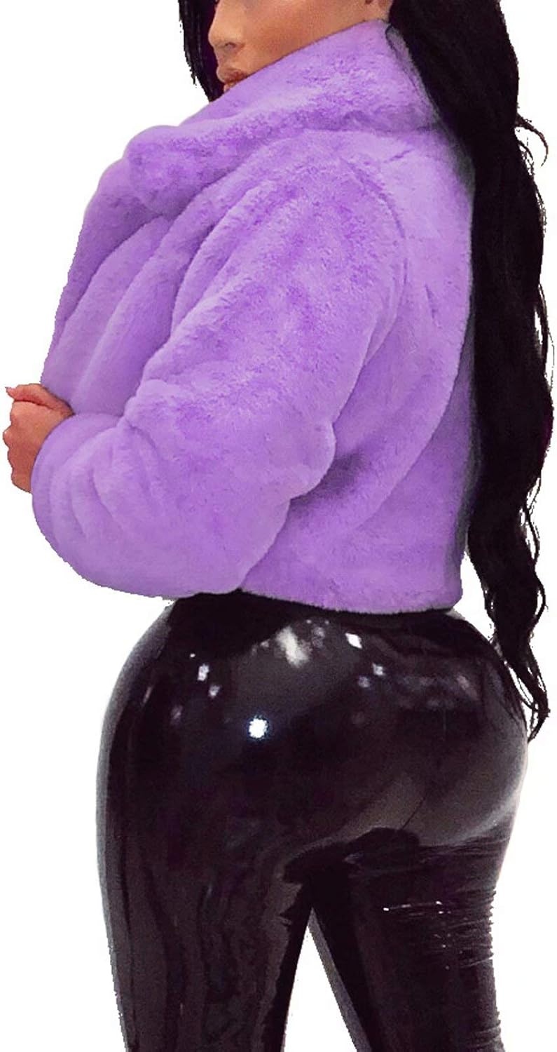 image:imageRAMOUG Women Faux Fur Jacket Crop Fuzzy Lapel Outerwear Coat Faux Fur CoatShort Fluffy OuterwearCrop Puffy JacketOpen FrontWarmSoft LiningSolidShaggy CardiganWinterPartyClubLight Purple
