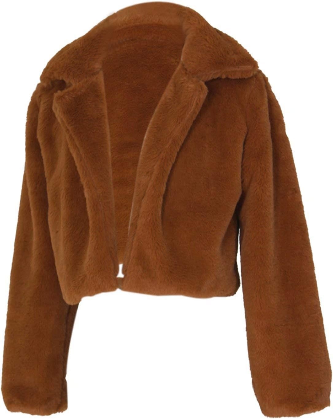 image:imageRAMOUG Women Faux Fur Jacket Crop Fuzzy Lapel Outerwear Coat Faux Fur CoatShort Fluffy OuterwearCrop Puffy JacketOpen FrontWarmSoft LiningSolidShaggy CardiganWinterPartyClubYellowishbrown