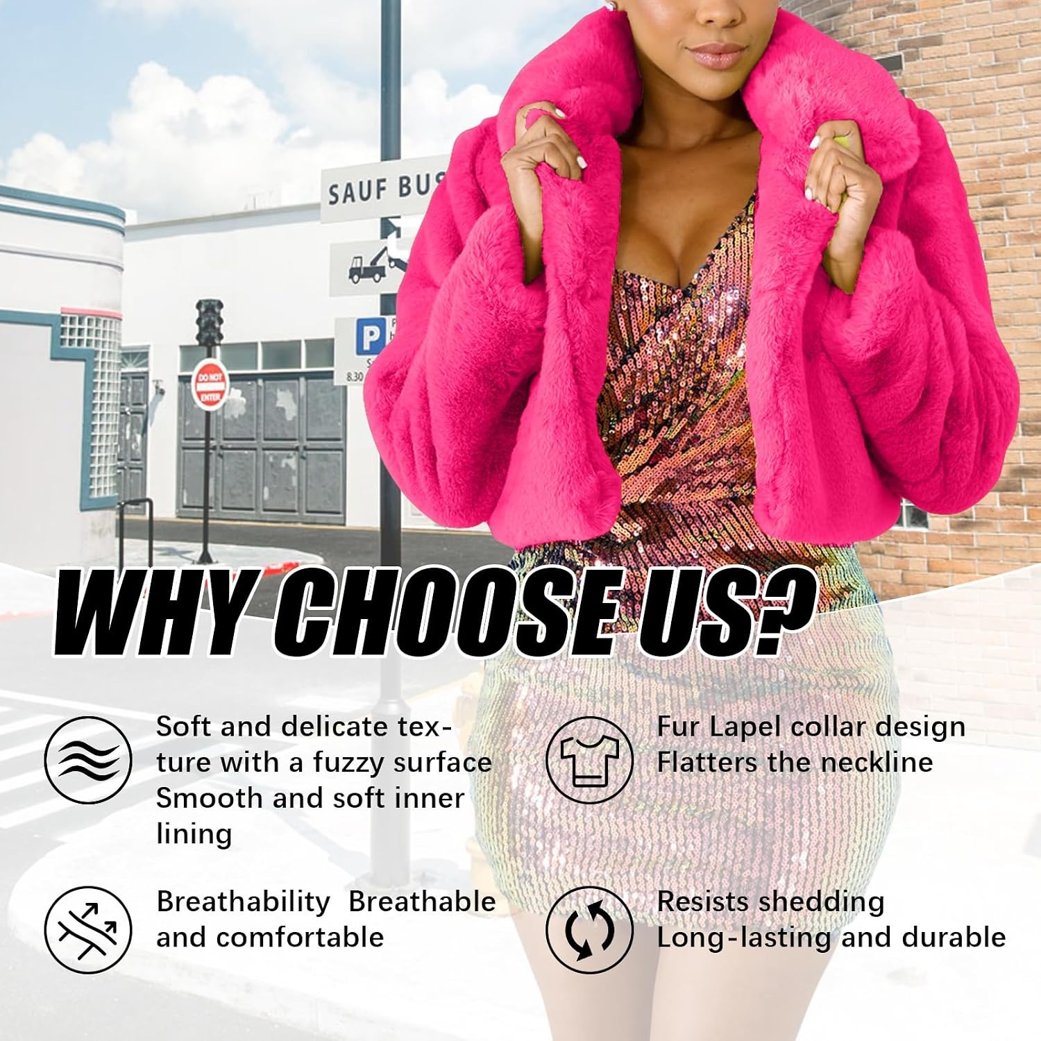 image:imageRAMOUG Women Faux Fur Jacket Crop Fuzzy Lapel Outerwear Coat Faux Fur CoatShort Fluffy OuterwearCrop Puffy JacketOpen FrontWarmSoft LiningSolidShaggy CardiganWinterPartyClubDeep Pink