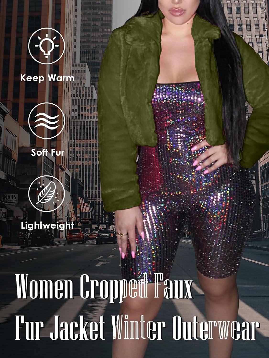 image:imageRAMOUG Women Faux Fur Jacket Crop Fuzzy Lapel Outerwear Coat Faux Fur CoatShort Fluffy OuterwearCrop Puffy JacketOpen FrontWarmSoft LiningSolidShaggy CardiganWinterPartyClubArmy Green