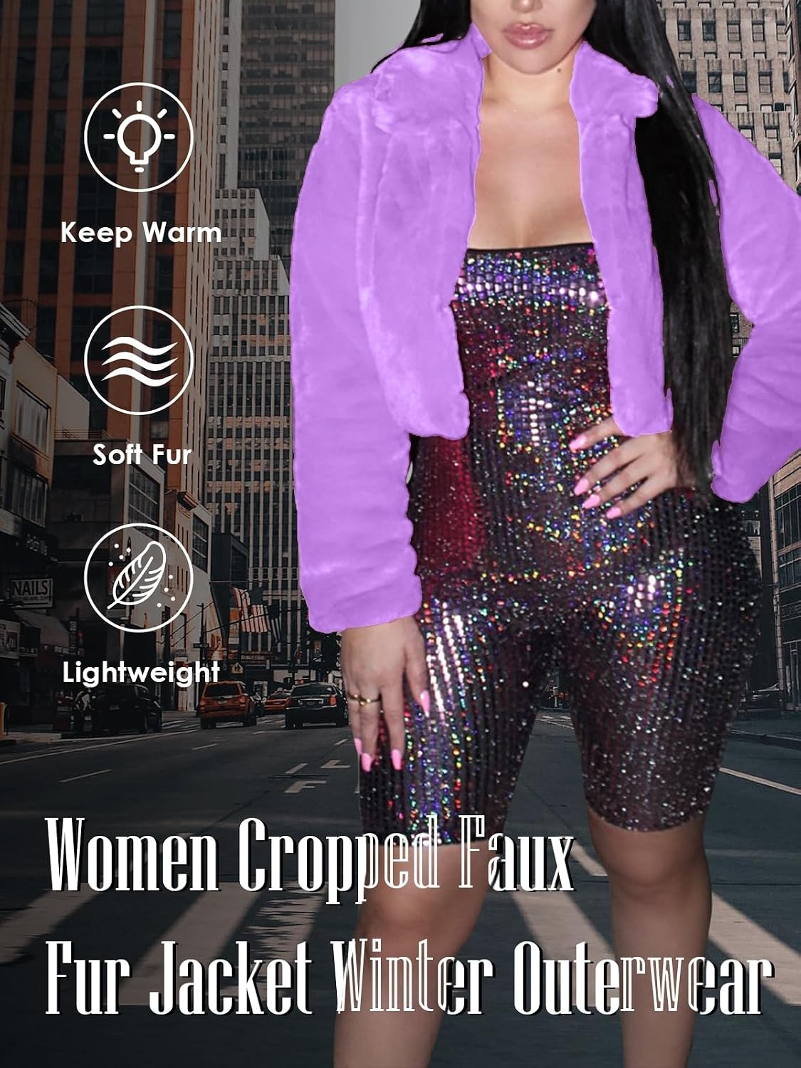 image:imageRAMOUG Women Faux Fur Jacket Crop Fuzzy Lapel Outerwear Coat Faux Fur CoatShort Fluffy OuterwearCrop Puffy JacketOpen FrontWarmSoft LiningSolidShaggy CardiganWinterPartyClubLight Purple