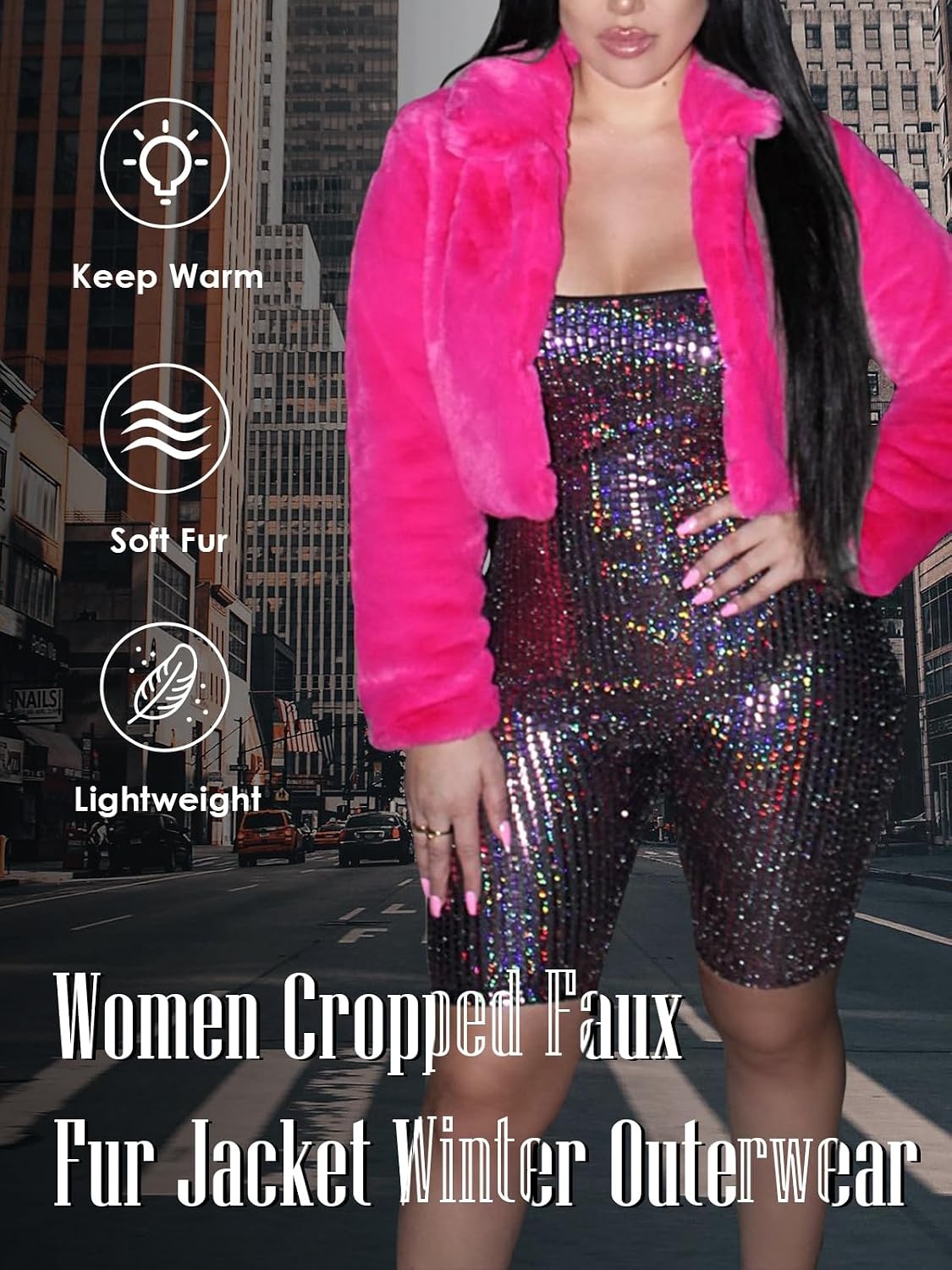 image:imageRAMOUG Women Faux Fur Jacket Crop Fuzzy Lapel Outerwear Coat Faux Fur CoatShort Fluffy OuterwearCrop Puffy JacketOpen FrontWarmSoft LiningSolidShaggy CardiganWinterPartyClubDeep Pink