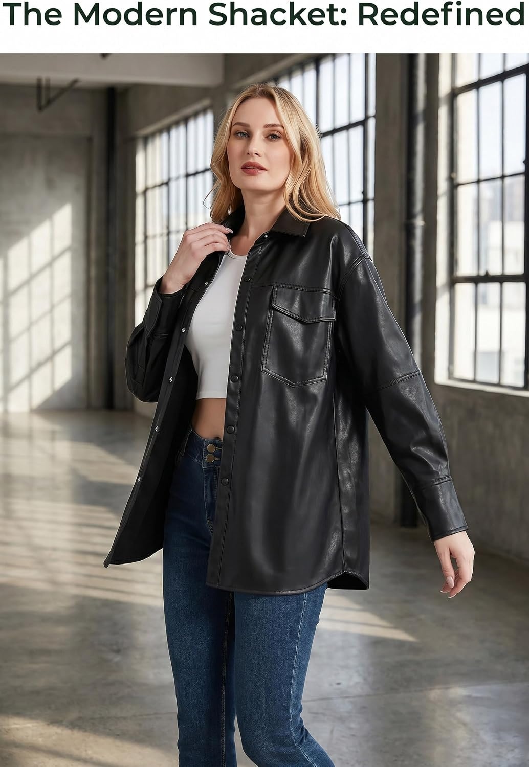 image:imageRISISSIDA Women Faux Leather Shacket JacketPleather ShirtsRelaxed Fit Brushed LiningFlap Chest PocketsButton DownPremium Vegan Leather BlouseSpring Fall TransitionalBlack