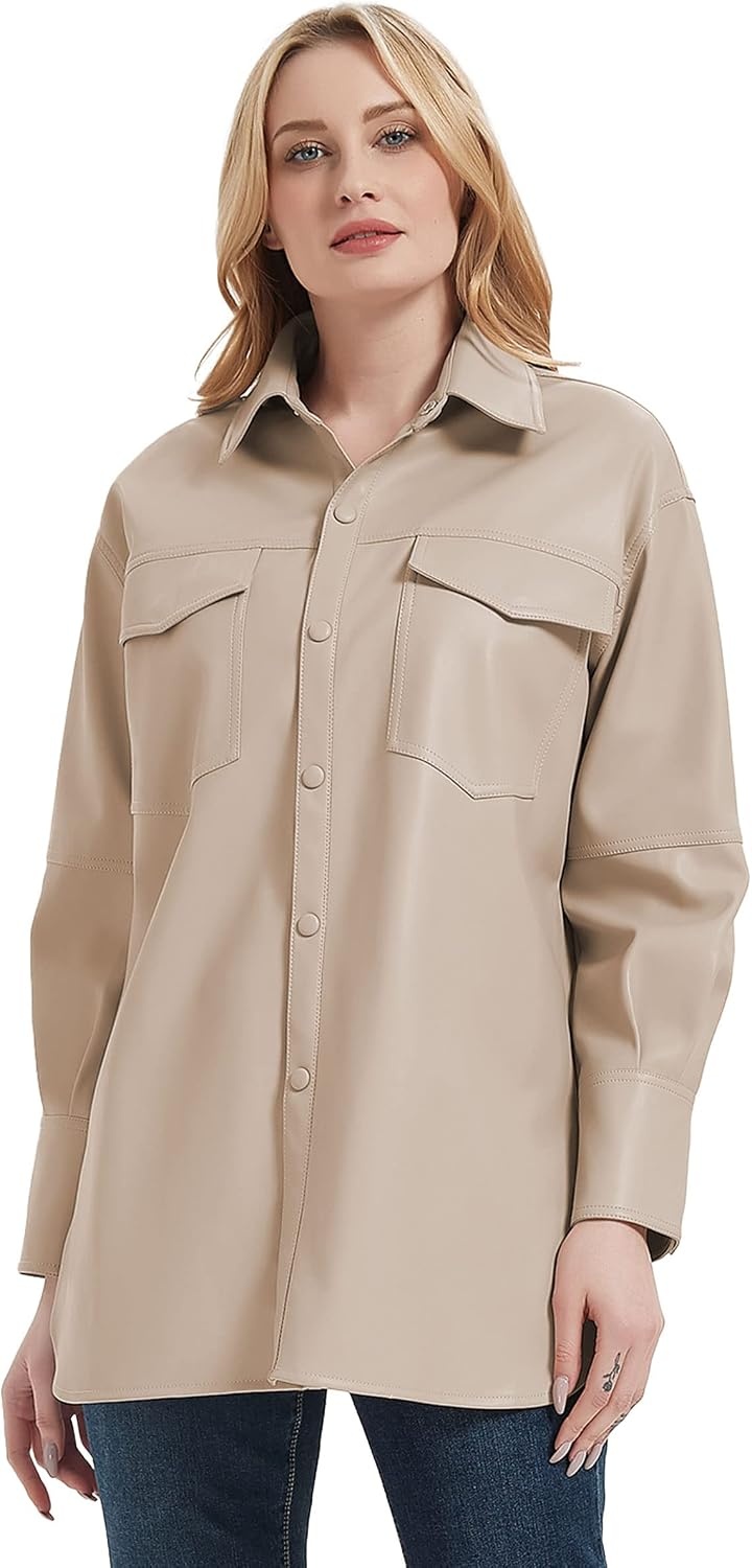 image:imageRISISSIDA Women Faux Leather Shacket JacketPleather ShirtsRelaxed Fit Brushed LiningFlap Chest PocketsButton DownPremium Vegan Leather BlouseSpring Fall TransitionalBeige
