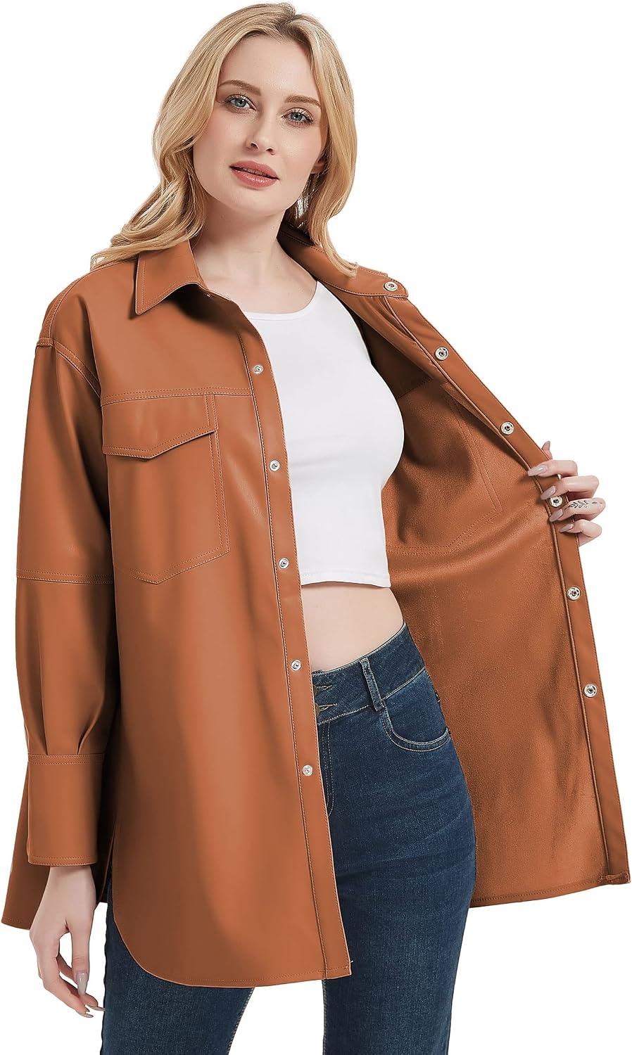 image:imageRISISSIDA Women Faux Leather Shacket JacketPleather ShirtsRelaxed Fit Brushed LiningFlap Chest PocketsButton DownPremium Vegan Leather BlouseSpring Fall TransitionalBrown