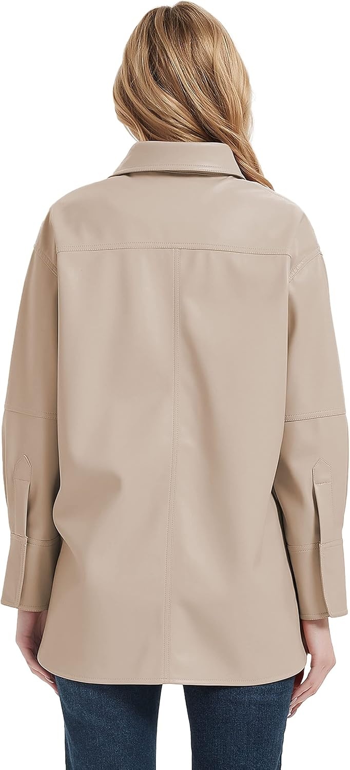 image:imageRISISSIDA Women Faux Leather Shacket JacketPleather ShirtsRelaxed Fit Brushed LiningFlap Chest PocketsButton DownPremium Vegan Leather BlouseSpring Fall TransitionalBeige