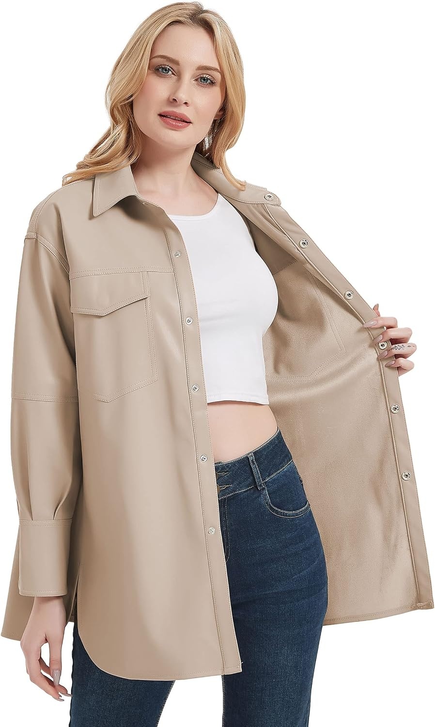 image:imageRISISSIDA Women Faux Leather Shacket JacketPleather ShirtsRelaxed Fit Brushed LiningFlap Chest PocketsButton DownPremium Vegan Leather BlouseSpring Fall TransitionalBeige