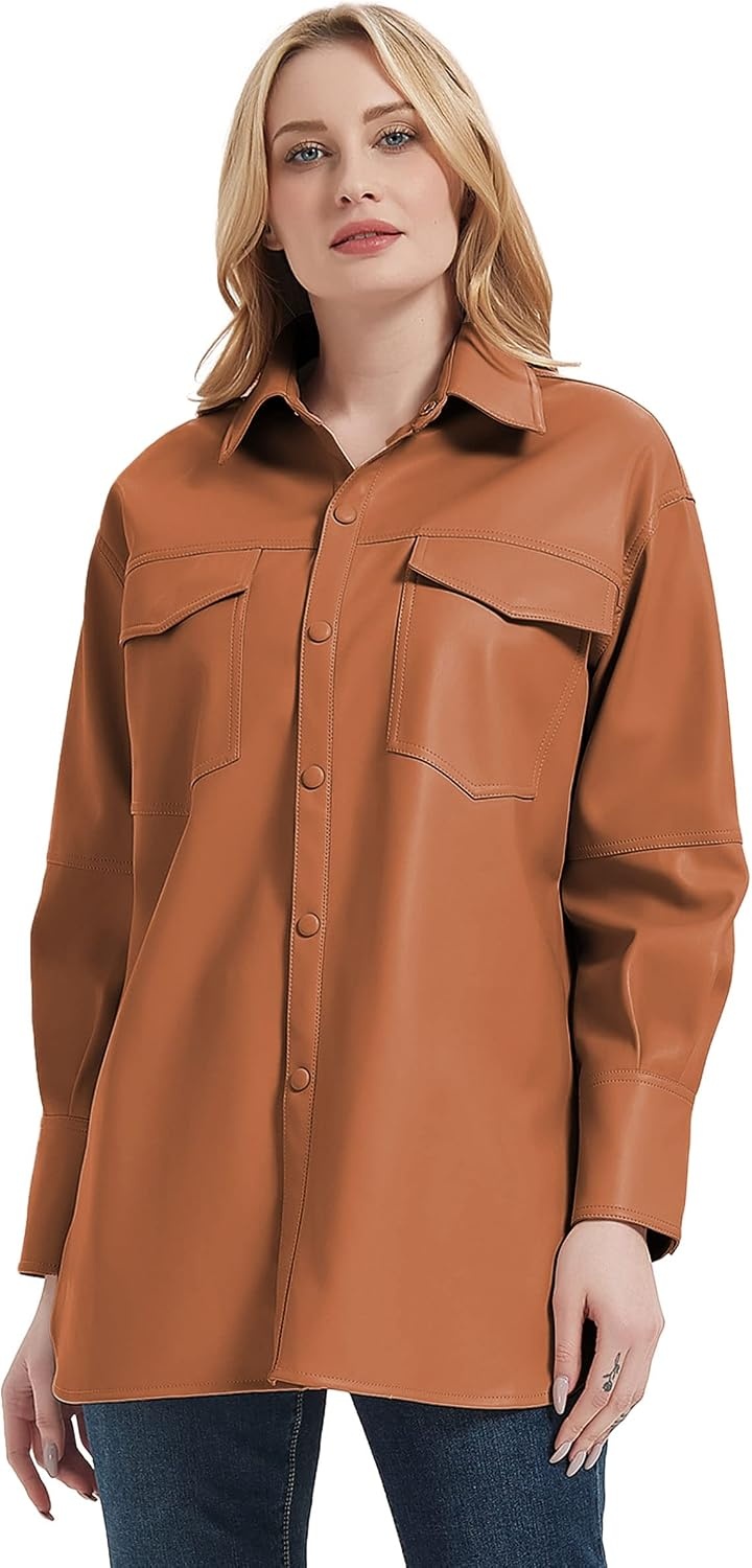image:imageRISISSIDA Women Faux Leather Shacket JacketPleather ShirtsRelaxed Fit Brushed LiningFlap Chest PocketsButton DownPremium Vegan Leather BlouseSpring Fall TransitionalBrown