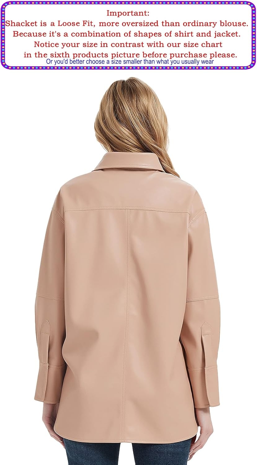 image:imageRISISSIDA Women Faux Leather Shacket JacketPleather ShirtsRelaxed Fit Brushed LiningFlap Chest PocketsButton DownPremium Vegan Leather BlouseSpring Fall TransitionalLight Pink