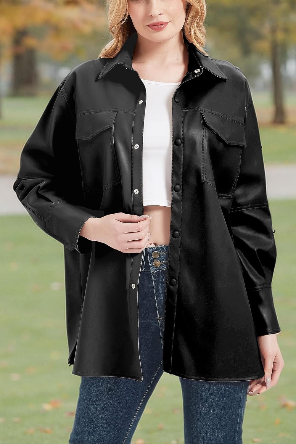 image:imageRISISSIDA Women Faux Leather Shacket JacketPleather ShirtsRelaxed Fit Brushed LiningFlap Chest PocketsButton DownPremium Vegan Leather BlouseSpring Fall TransitionalBlack