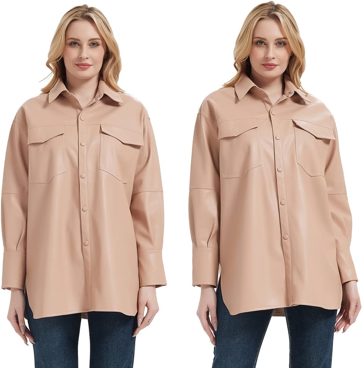 image:imageRISISSIDA Women Faux Leather Shacket JacketPleather ShirtsRelaxed Fit Brushed LiningFlap Chest PocketsButton DownPremium Vegan Leather BlouseSpring Fall TransitionalLight Pink