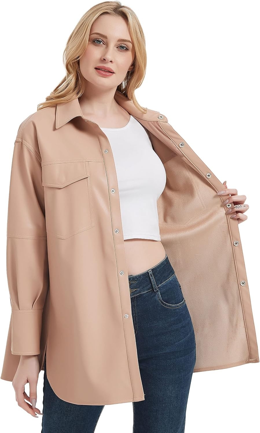image:imageRISISSIDA Women Faux Leather Shacket JacketPleather ShirtsRelaxed Fit Brushed LiningFlap Chest PocketsButton DownPremium Vegan Leather BlouseSpring Fall TransitionalLight Pink