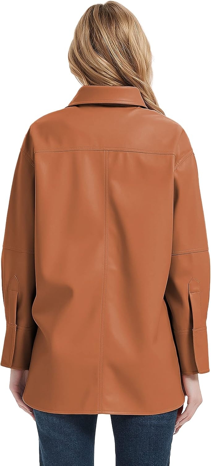 image:imageRISISSIDA Women Faux Leather Shacket JacketPleather ShirtsRelaxed Fit Brushed LiningFlap Chest PocketsButton DownPremium Vegan Leather BlouseSpring Fall TransitionalBrown