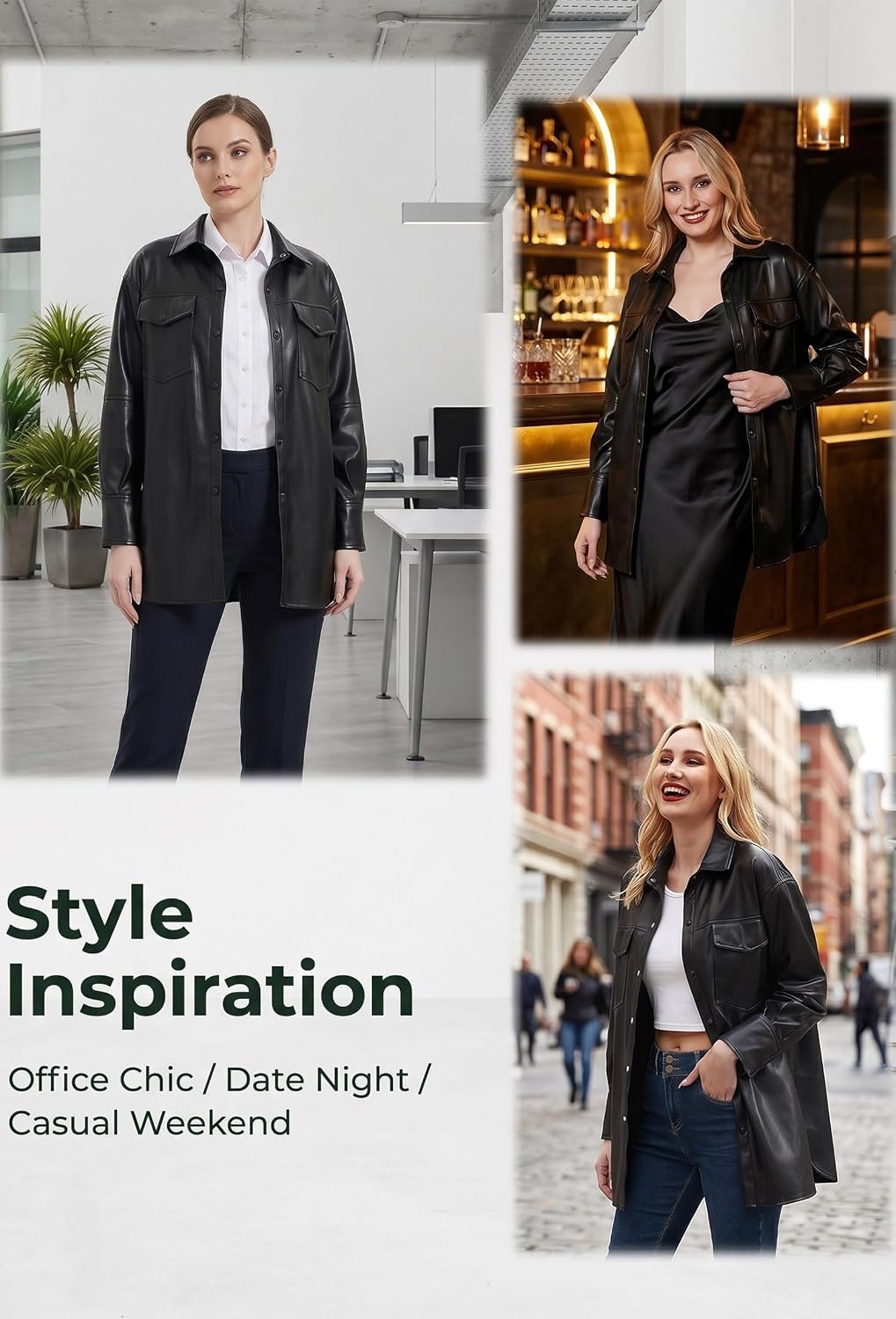 image:imageRISISSIDA Women Faux Leather Shacket JacketPleather ShirtsRelaxed Fit Brushed LiningFlap Chest PocketsButton DownPremium Vegan Leather BlouseSpring Fall TransitionalBlack