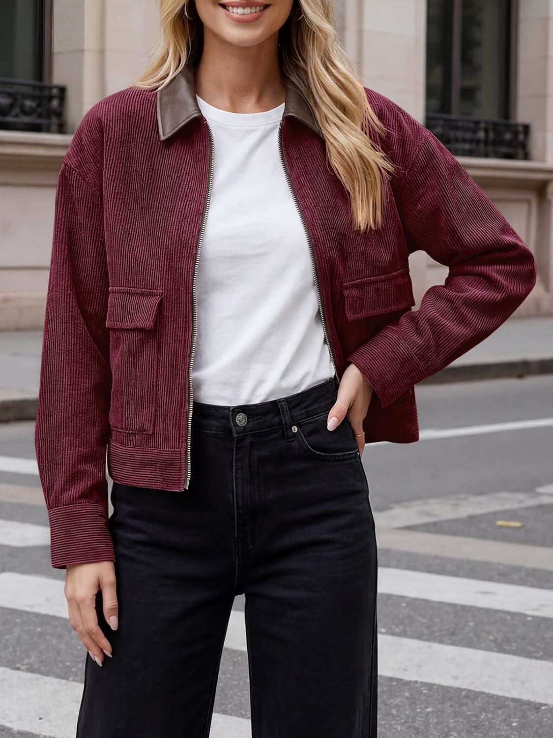 image:imageTankaneo Womens Cropped Corduroy Jackets Oversized Zip Up Barn Bomber Coat Lightweight Trendy Casual Streetwear Fall Spring Corduroy Shacket Faux Leather Collar Short Length PocketsWine Red