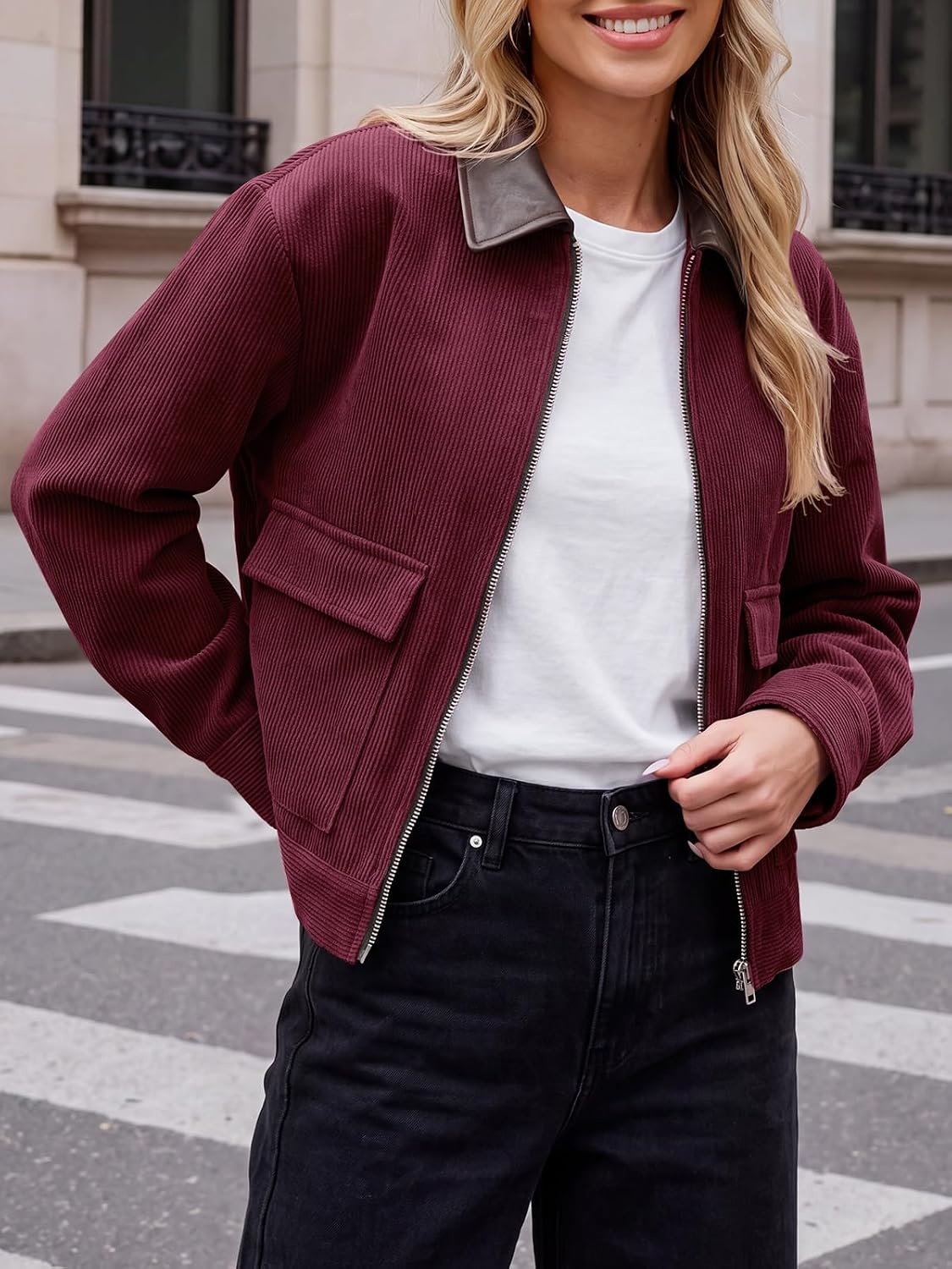 image:imageTankaneo Womens Cropped Corduroy Jackets Oversized Zip Up Barn Bomber Coat Lightweight Trendy Casual Streetwear Fall Spring Corduroy Shacket Faux Leather Collar Short Length PocketsWine Red