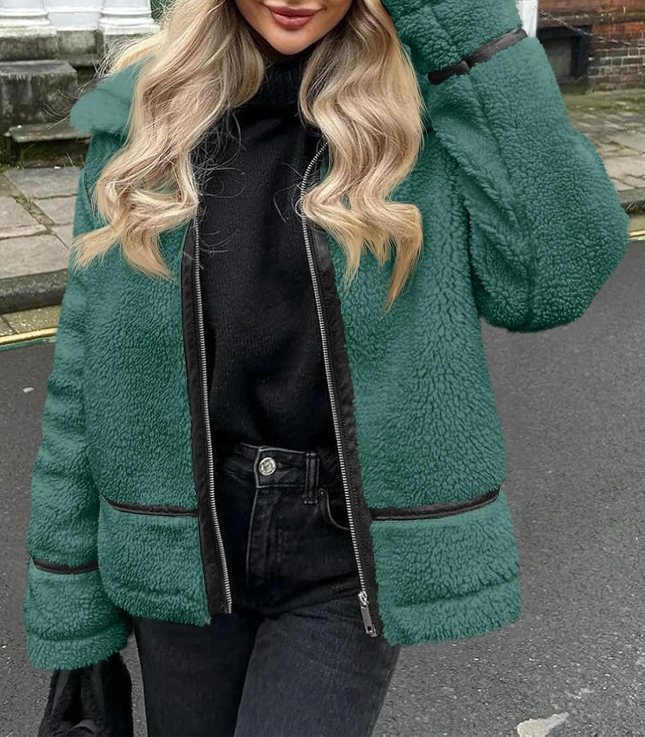 image:imageTankaneo Womens Faux Fur Jackets Winter Trendy Sherpa Moto Zip Up Coat Leather PatchworkArmy Green