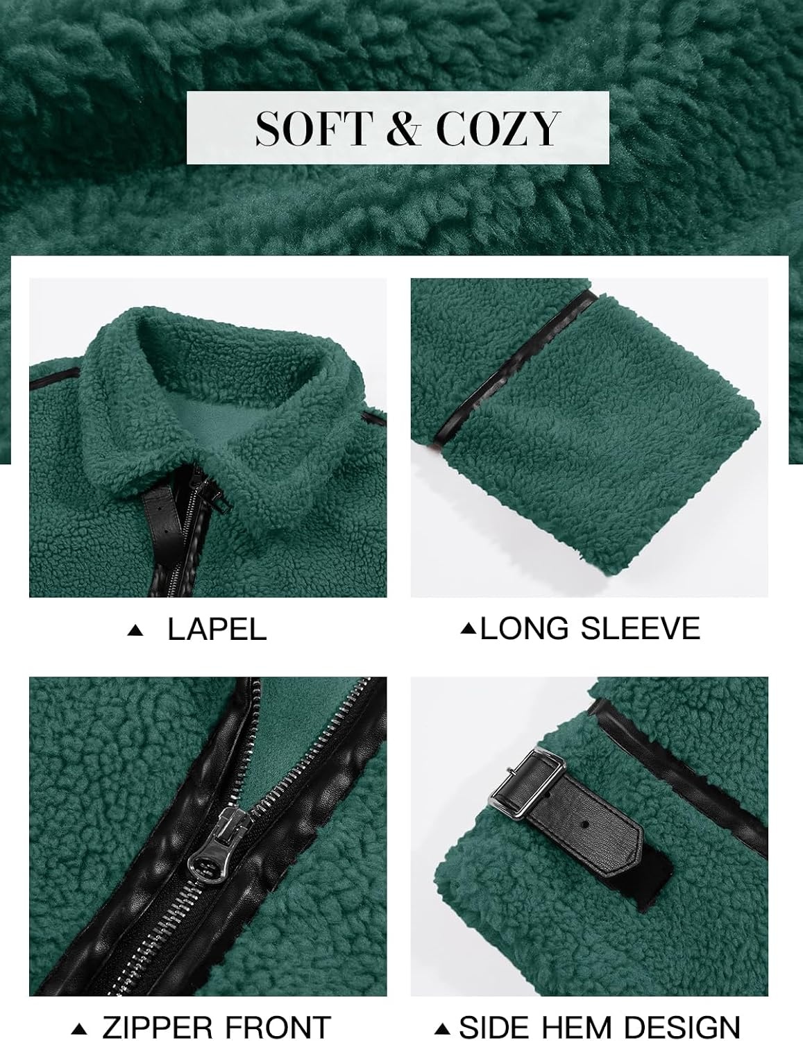 image:imageTankaneo Womens Faux Fur Jackets Winter Trendy Sherpa Moto Zip Up Coat Leather PatchworkArmy Green
