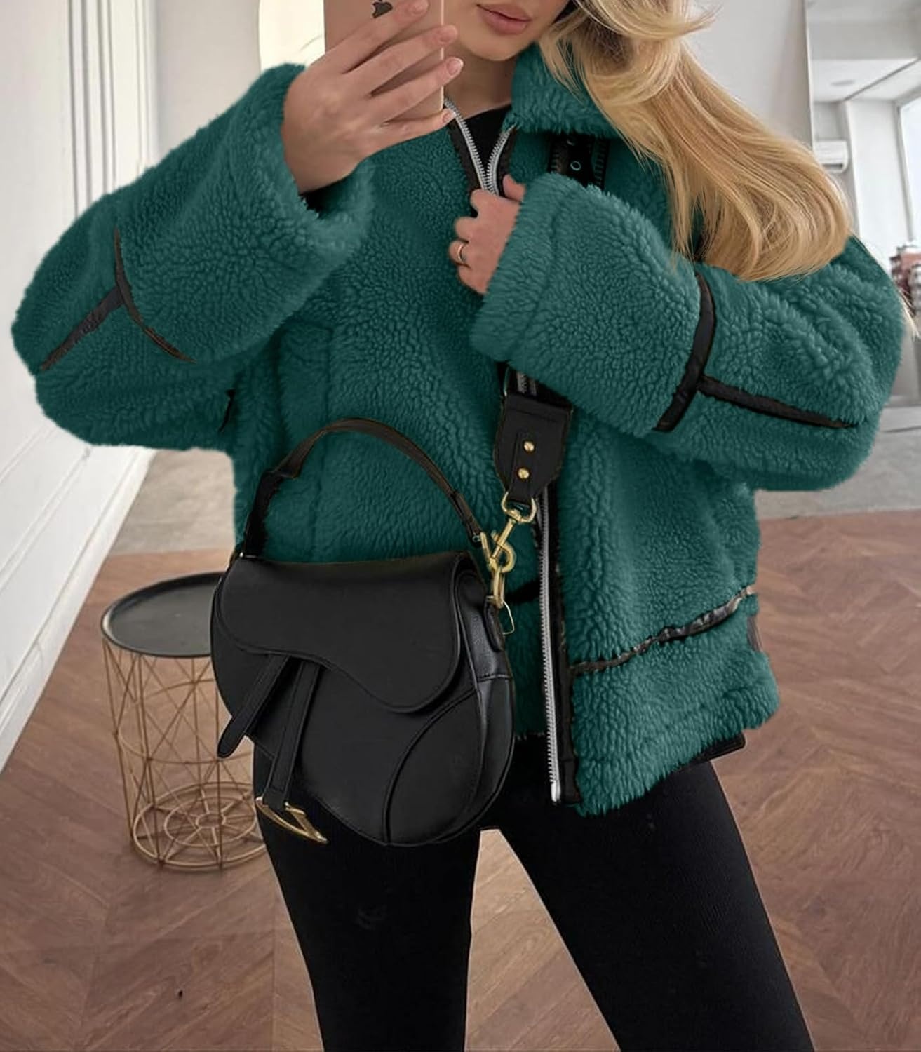 image:imageTankaneo Womens Faux Fur Jackets Winter Trendy Sherpa Moto Zip Up Coat Leather PatchworkArmy Green