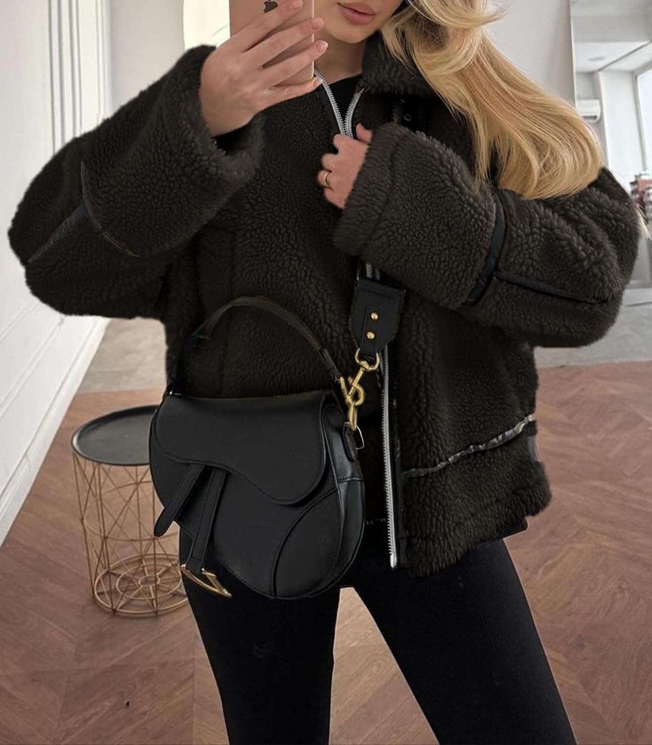 image:imageTankaneo Womens Faux Fur Jackets Winter Trendy Sherpa Moto Zip Up Coat Leather PatchworkBrown
