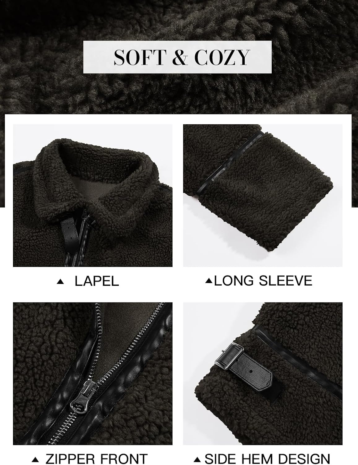 image:imageTankaneo Womens Faux Fur Jackets Winter Trendy Sherpa Moto Zip Up Coat Leather PatchworkBrown