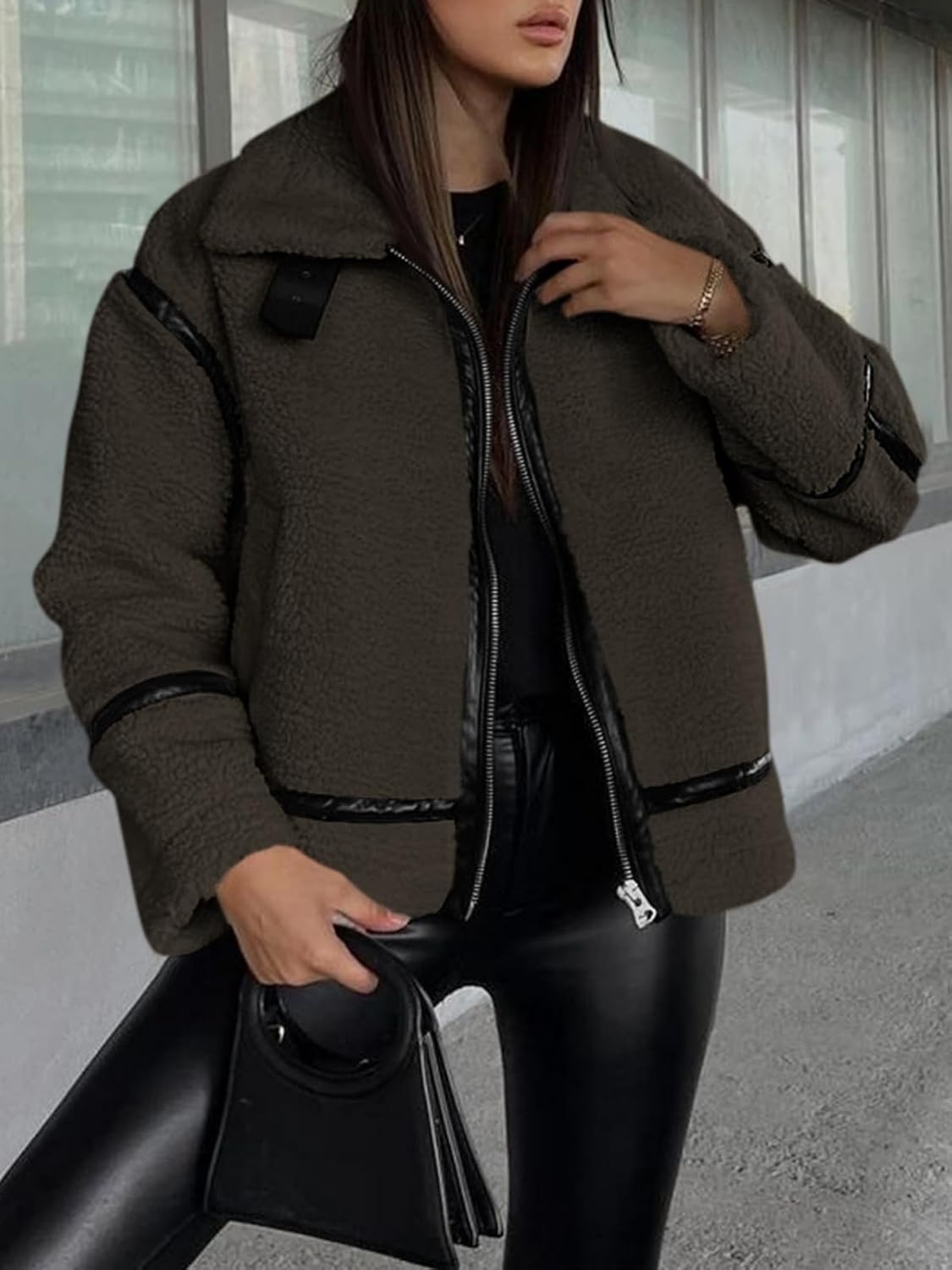 image:imageTankaneo Womens Faux Fur Jackets Winter Trendy Sherpa Moto Zip Up Coat Leather PatchworkBrown