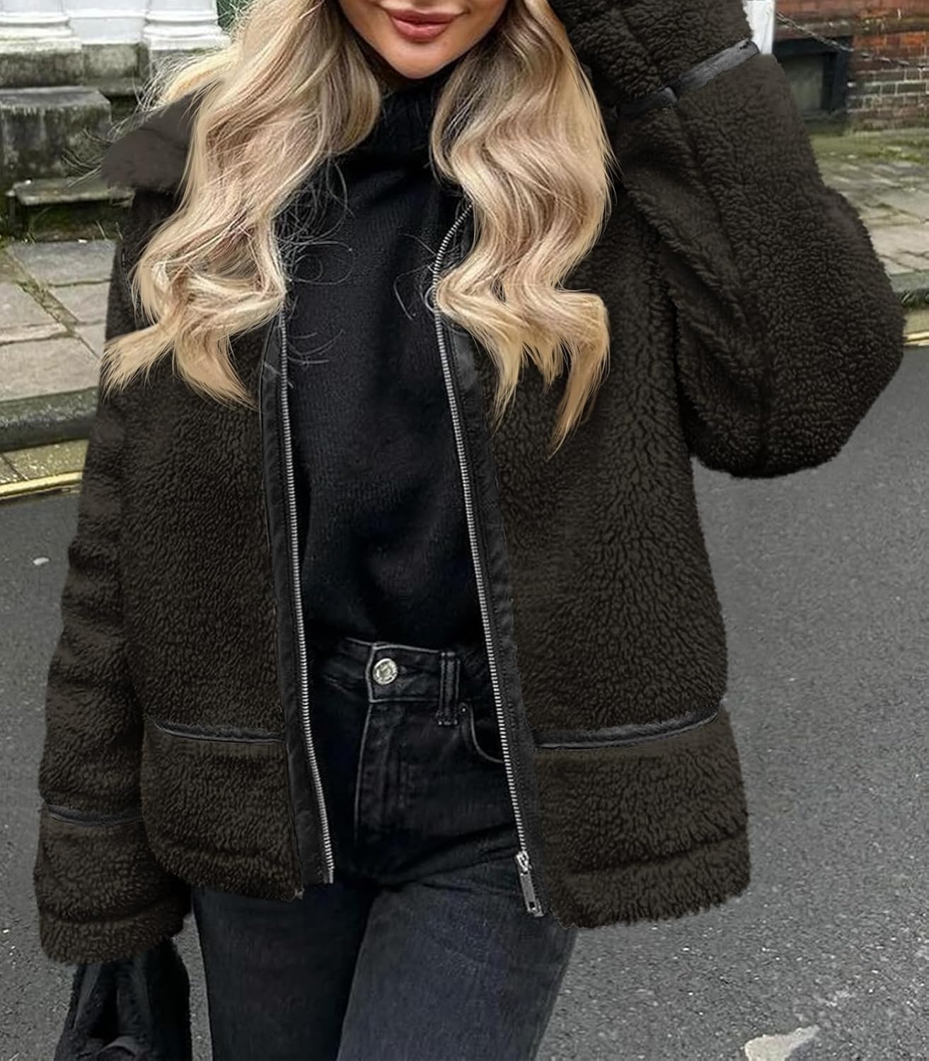 image:imageTankaneo Womens Faux Fur Jackets Winter Trendy Sherpa Moto Zip Up Coat Leather PatchworkBrown