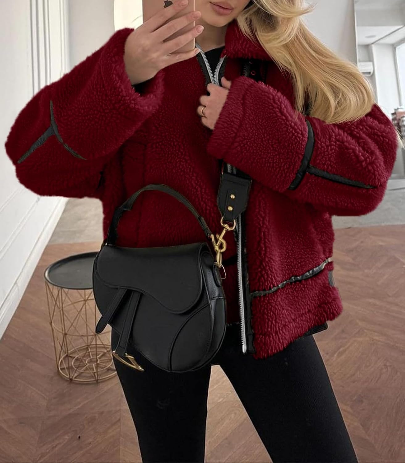 image:imageTankaneo Womens Faux Fur Jackets Winter Trendy Sherpa Moto Zip Up Coat Leather PatchworkBurgundy