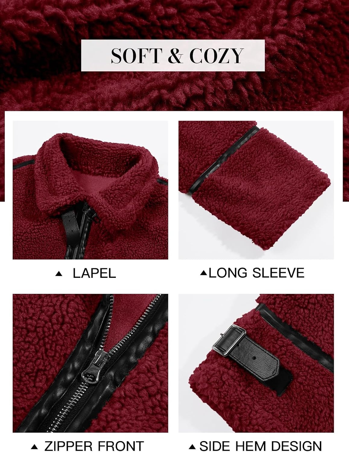 image:imageTankaneo Womens Faux Fur Jackets Winter Trendy Sherpa Moto Zip Up Coat Leather PatchworkBurgundy
