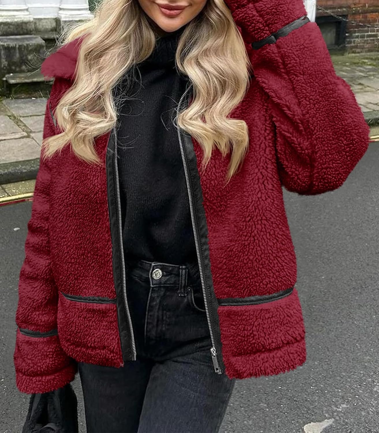 image:imageTankaneo Womens Faux Fur Jackets Winter Trendy Sherpa Moto Zip Up Coat Leather PatchworkBurgundy