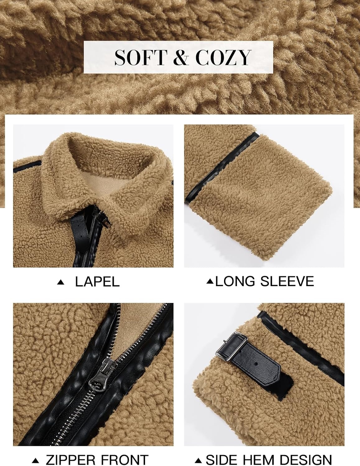 image:imageTankaneo Womens Faux Fur Jackets Winter Trendy Sherpa Moto Zip Up Coat Leather PatchworkKhaki