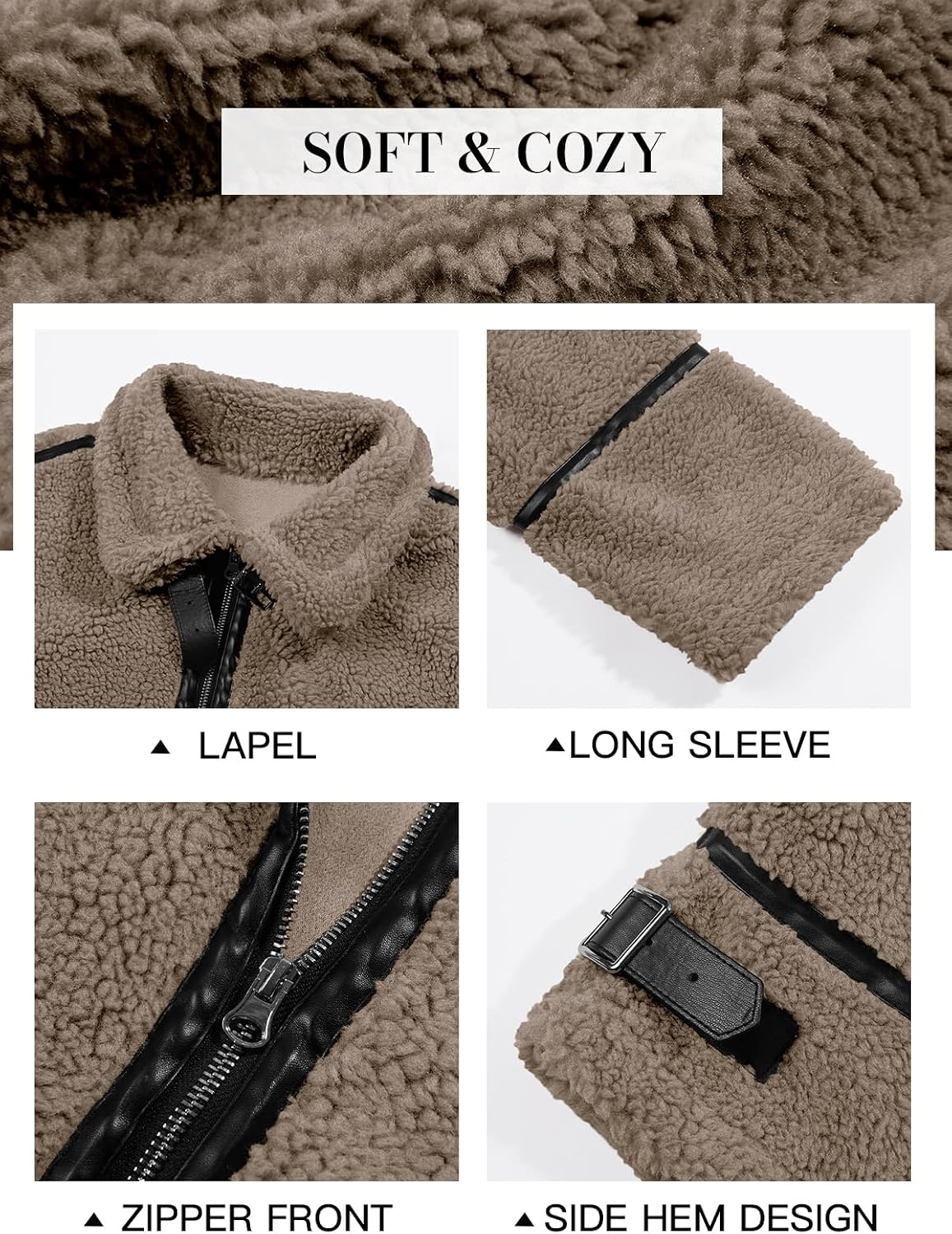 image:imageTankaneo Womens Faux Fur Jackets Winter Trendy Sherpa Moto Zip Up Coat Leather PatchworkLight Brown