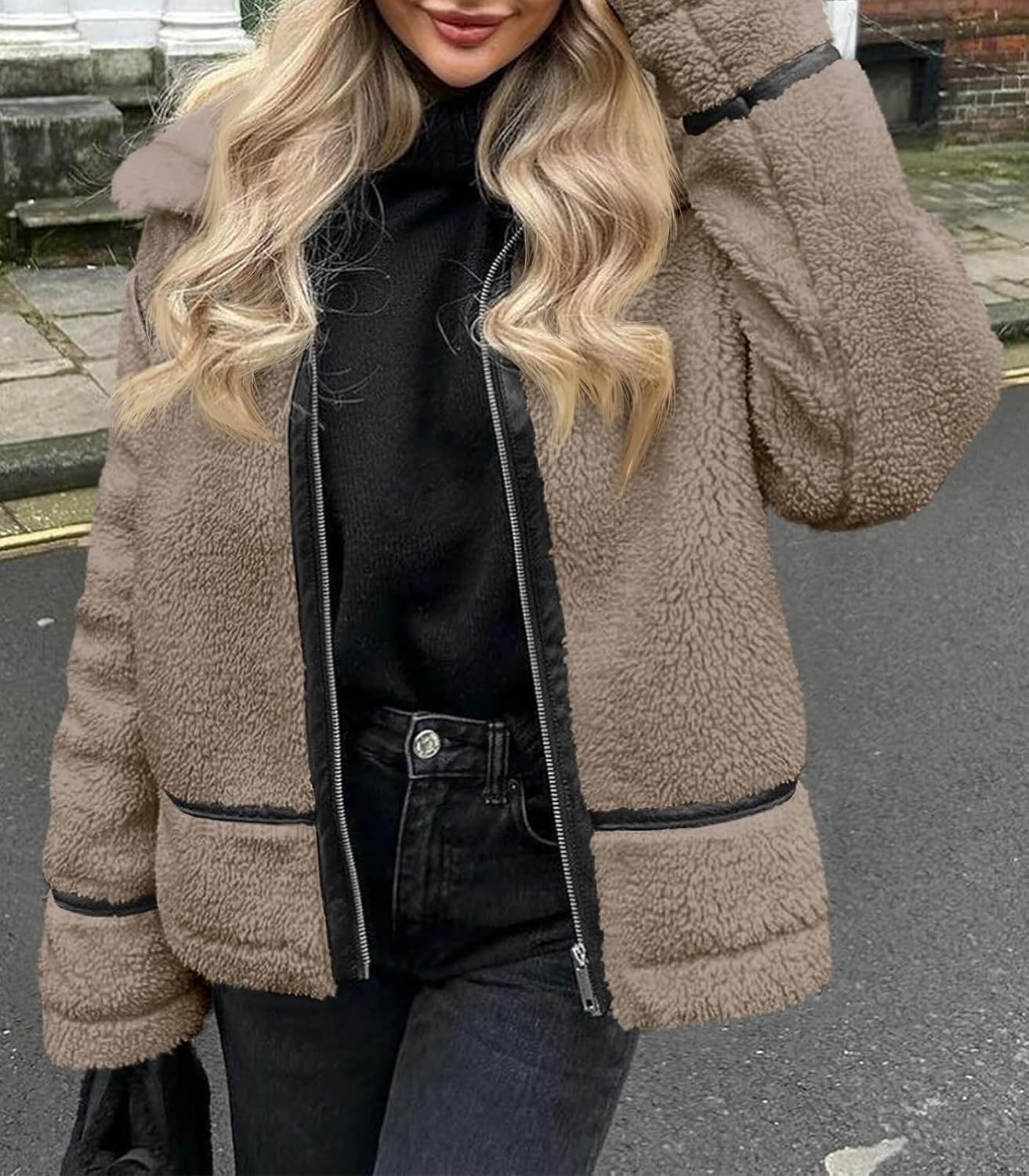 image:imageTankaneo Womens Faux Fur Jackets Winter Trendy Sherpa Moto Zip Up Coat Leather PatchworkLight Brown