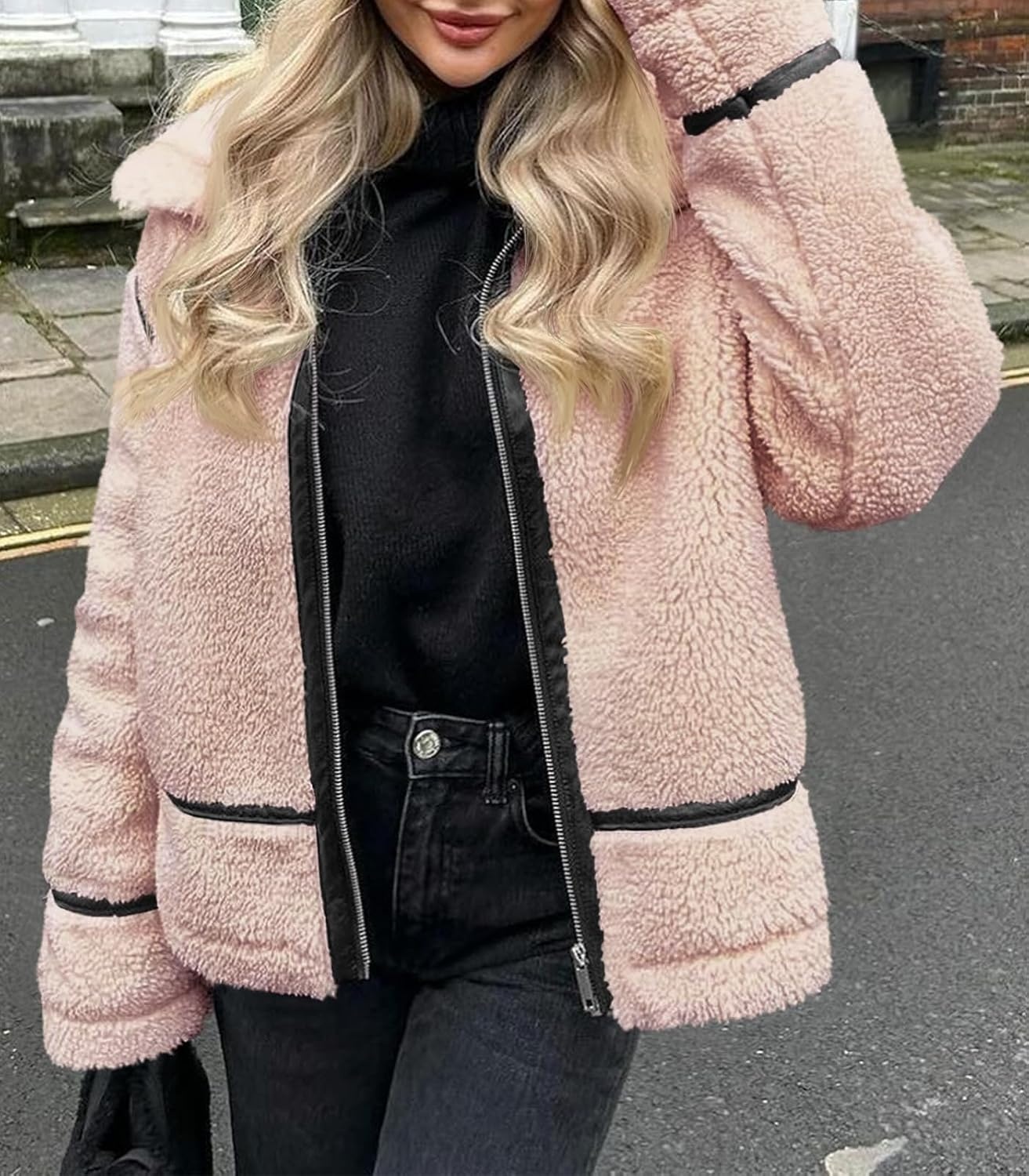 image:imageTankaneo Womens Faux Fur Jackets Winter Trendy Sherpa Moto Zip Up Coat Leather PatchworkPink