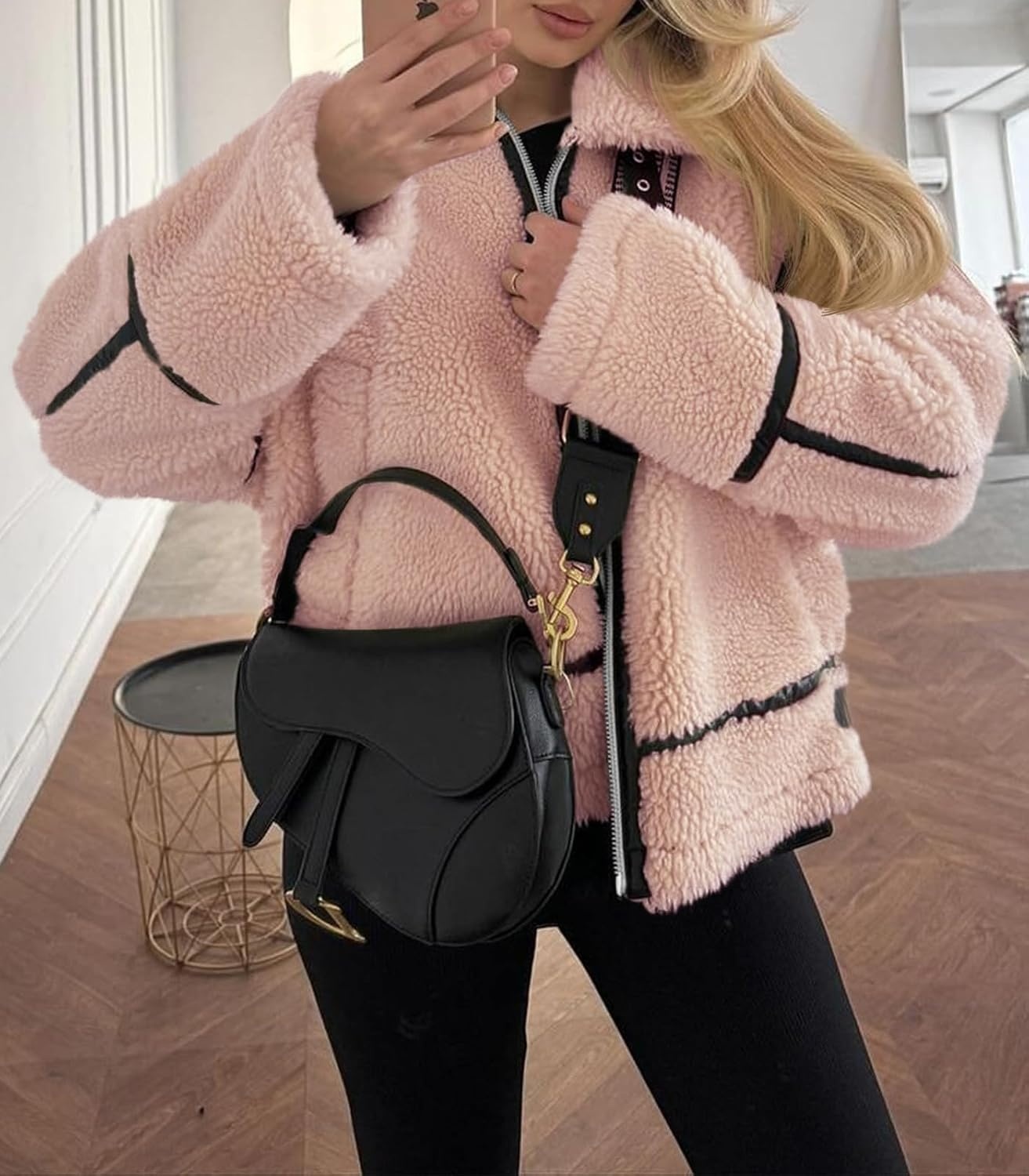image:imageTankaneo Womens Faux Fur Jackets Winter Trendy Sherpa Moto Zip Up Coat Leather PatchworkPink