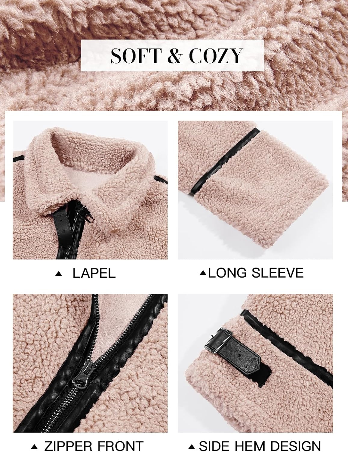 image:imageTankaneo Womens Faux Fur Jackets Winter Trendy Sherpa Moto Zip Up Coat Leather PatchworkPink