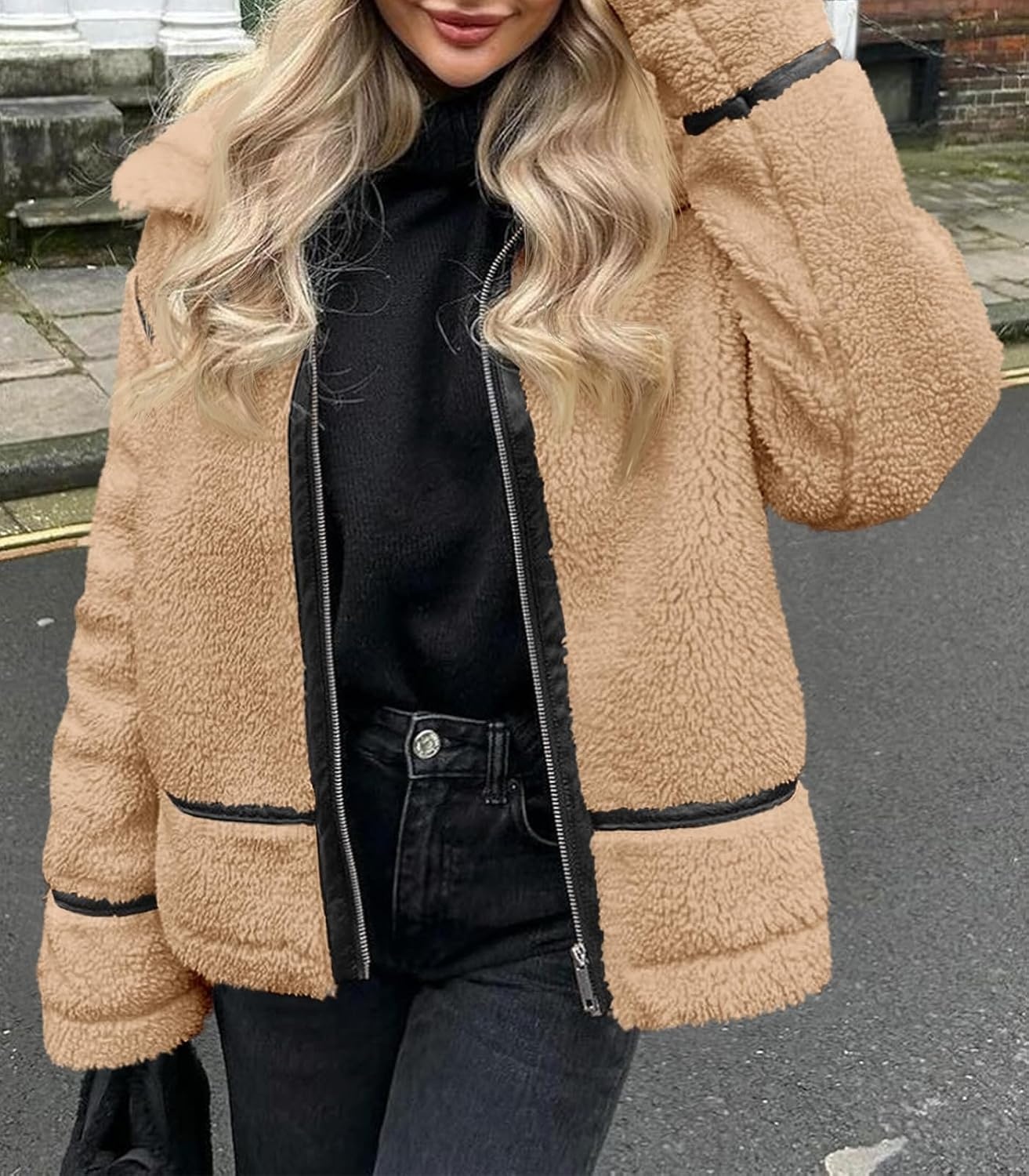 image:imageTankaneo Womens Faux Fur Jackets Winter Trendy Sherpa Moto Zip Up Coat Leather PatchworkRedbrown